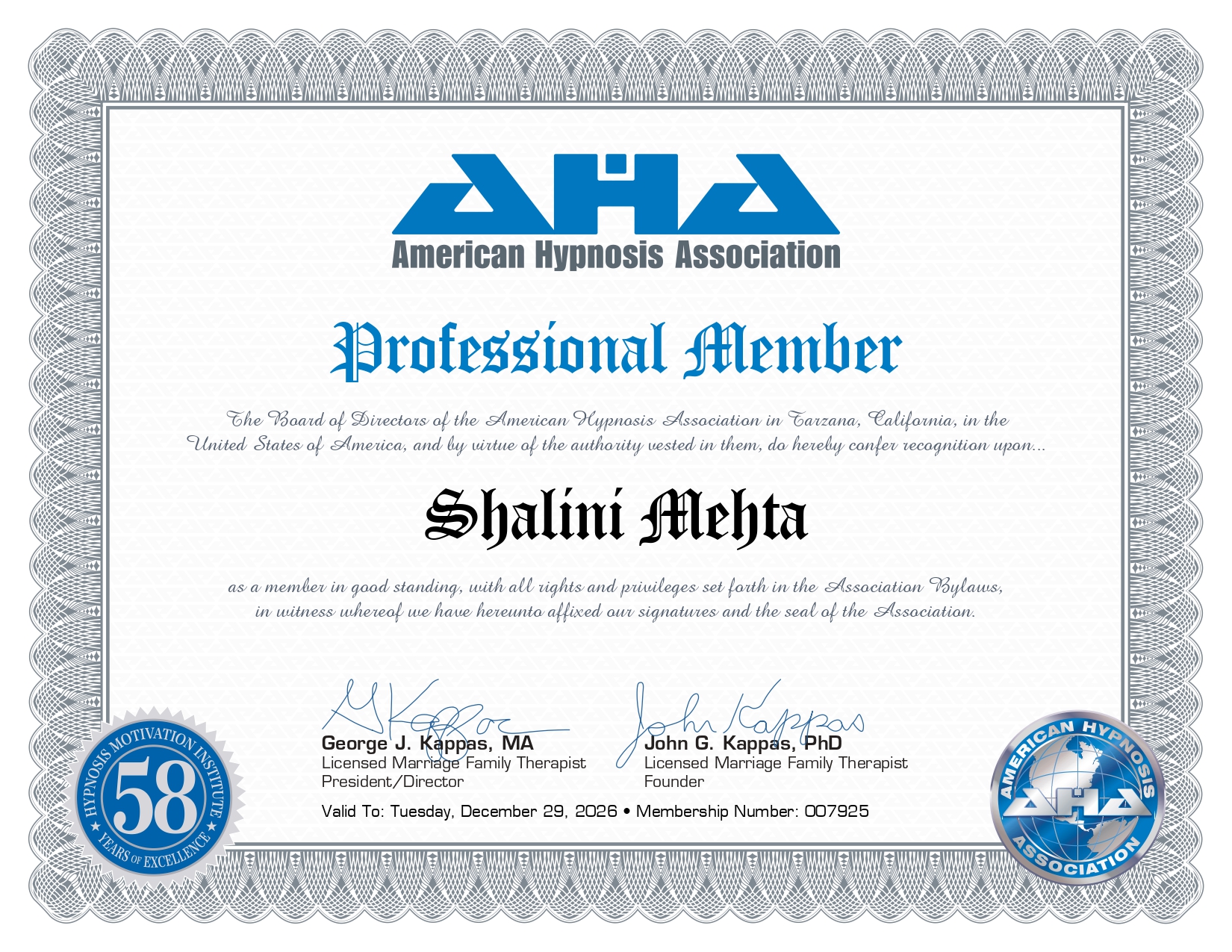 American Hypnosis Association Certificate